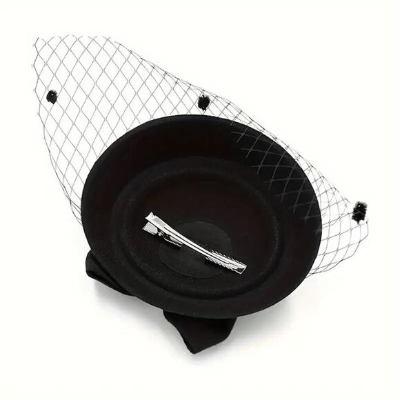 🖤 Pinup Accessory 1950s Retro Vintage Fascinator Black Pillbox Pearl Veil Hat - Picture 4 of 13